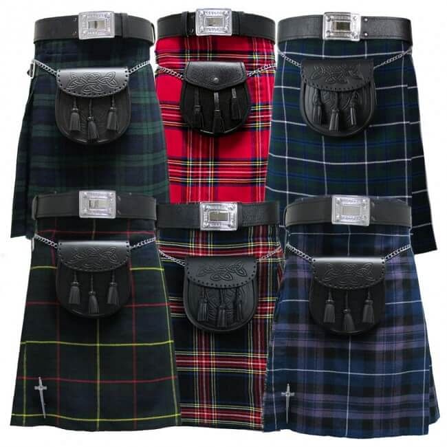 Scottish Men's Kilt Set Sporran, Chain,  Belt, Buckle, Pin Traditional Dress Tartan Kilts