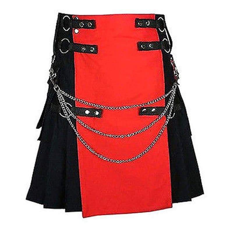 Scottish Red & Black Fashion Kilt Detachable Apron Flap pockets Formal and Casual Occasions