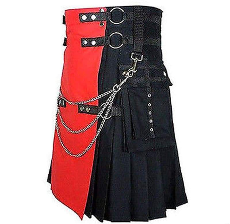 Scottish Red & Black Fashion Kilt Detachable Apron Flap pockets Formal and Casual Occasions