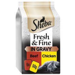 Sheba Fresh and Fine Wet Cat Food Pouches Beef and Chicken in Gravy 6 x 50g - Case of 8