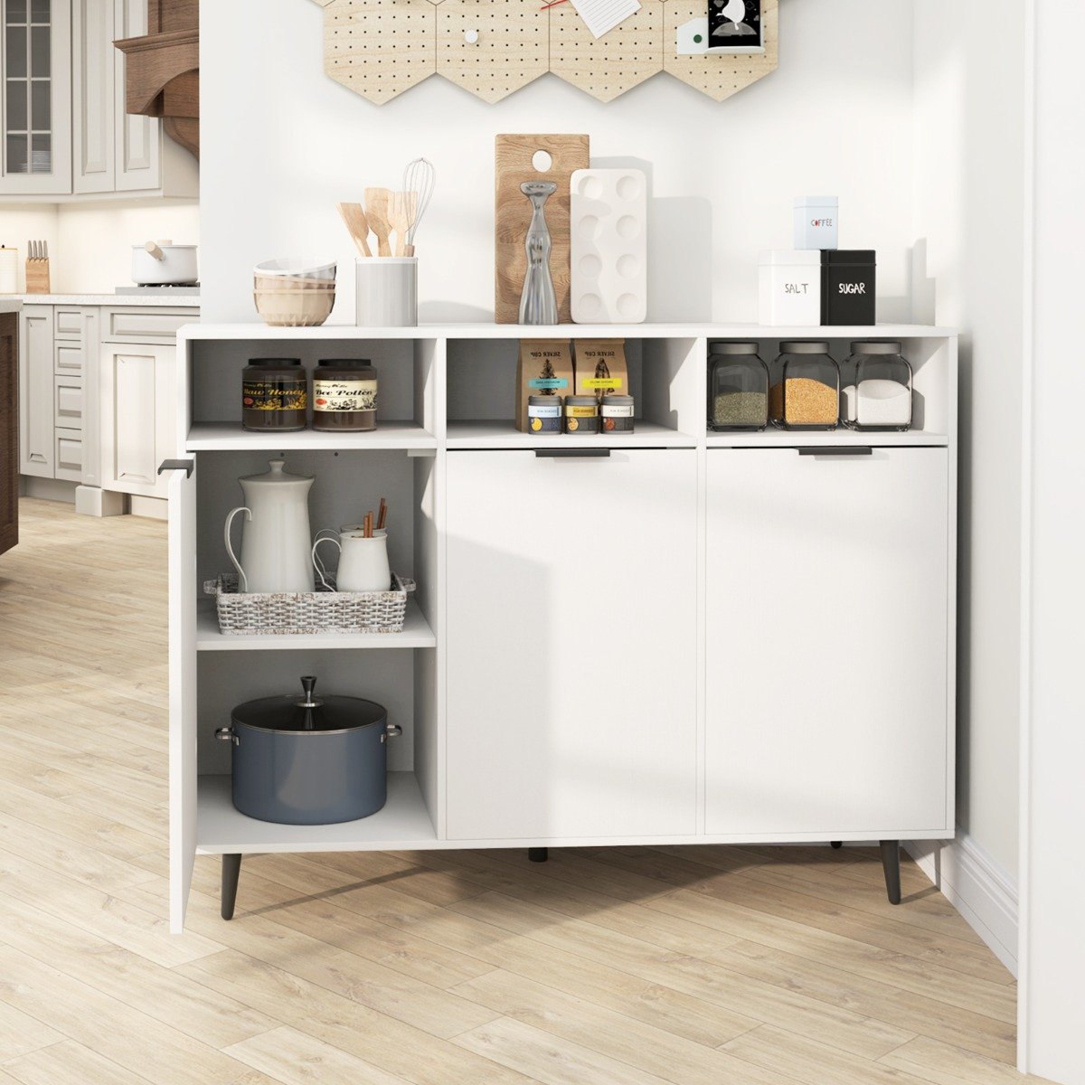 Sideboard Buffet Cabinet with 5-Position Adjustable Shelves-White