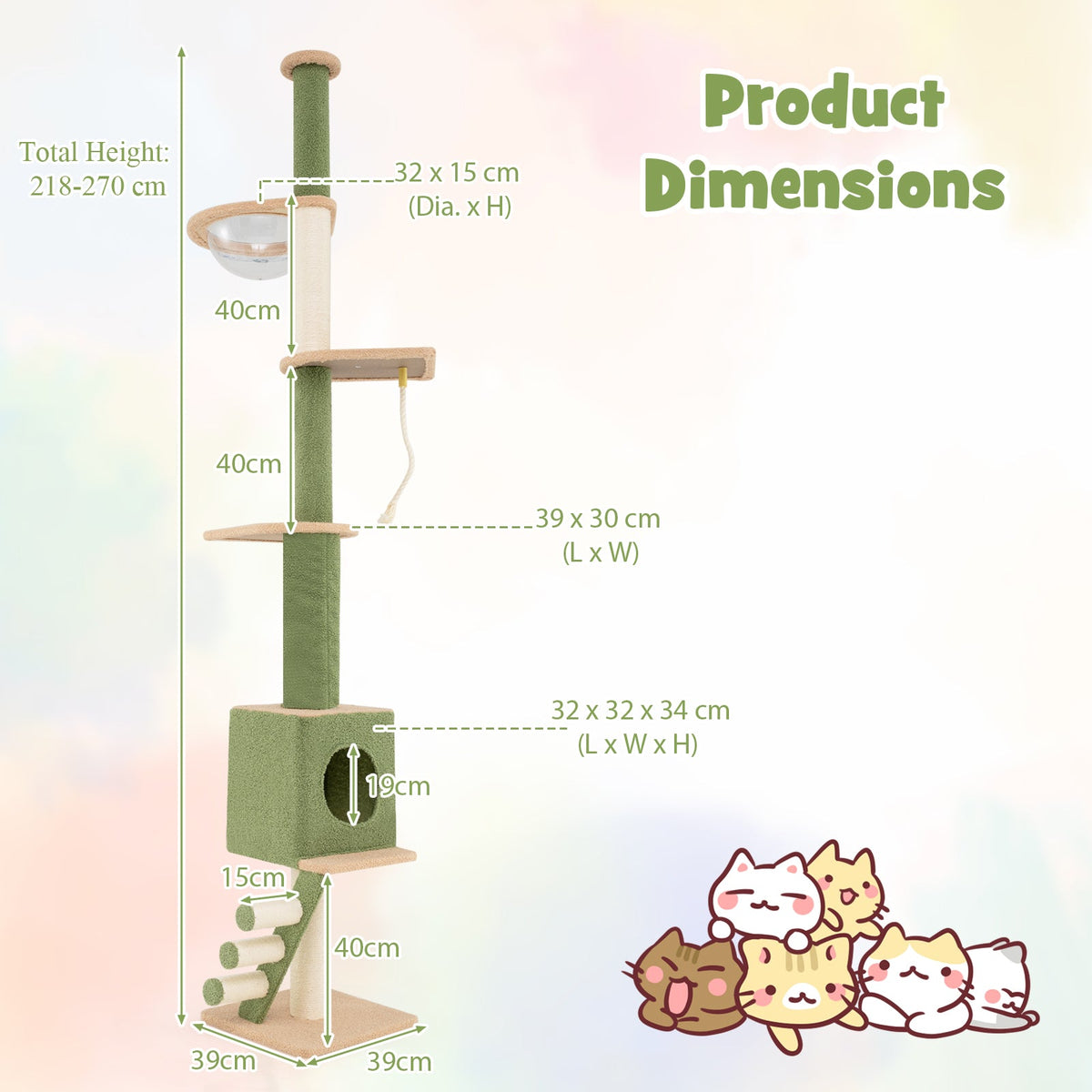 Floor to Ceiling Cat Tree with 218-270 cm Adjustable Height-Green