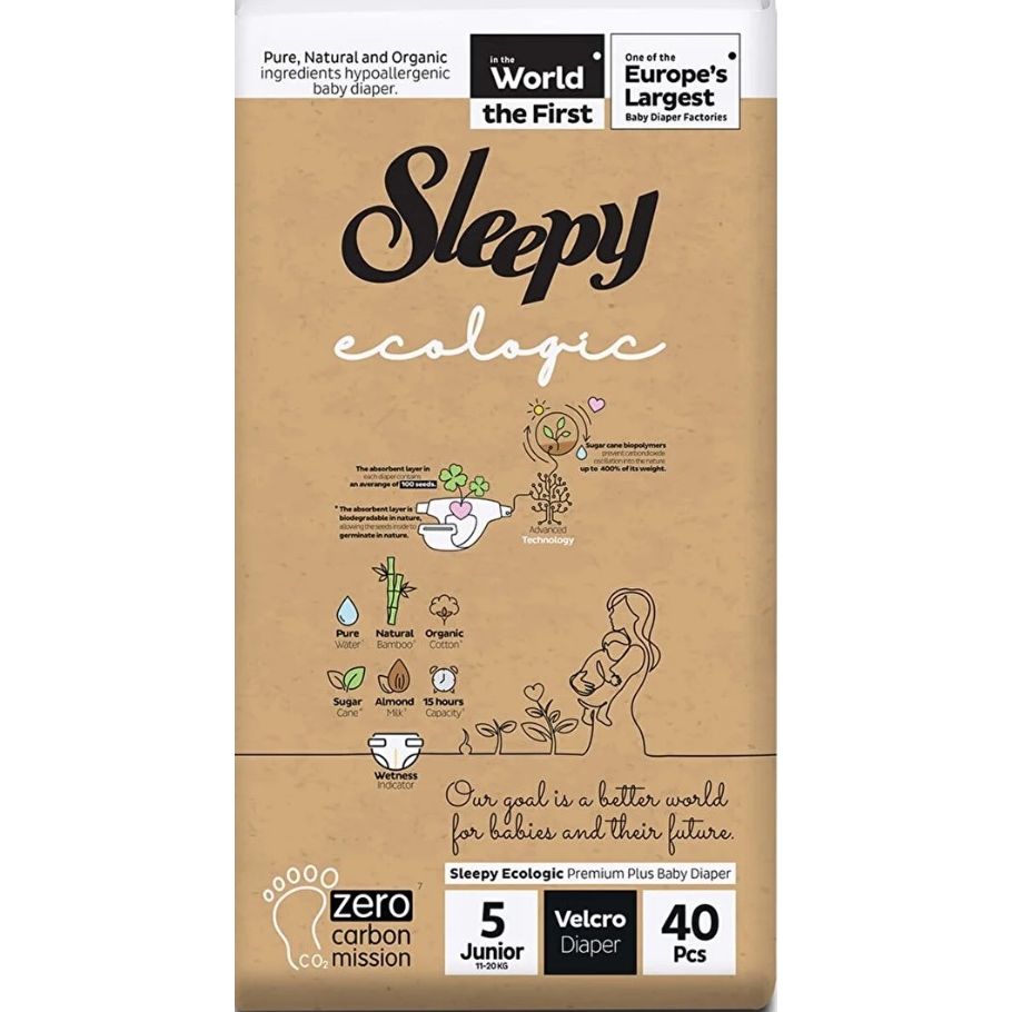 Sleepy Ecologic Baby Velcro Diaper Junior Size 5, 40 Pcs Pack