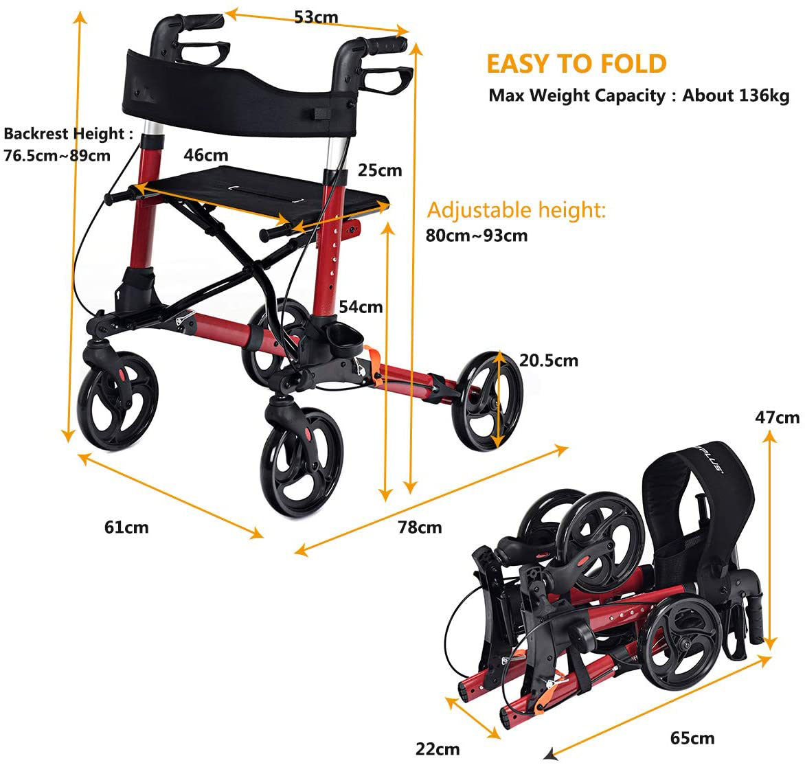 Foldable Rollator Mobility Aid with Bag-Black