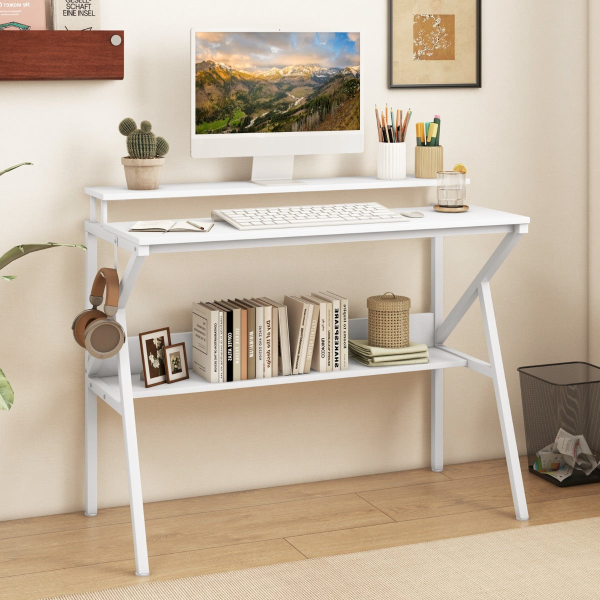 Space Saving Computer Desk with Monitor Stand and Open Shelf-White