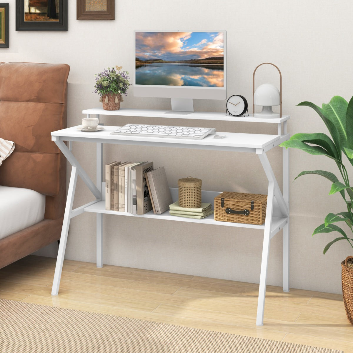 Space Saving Computer Desk with Monitor Stand and Open Shelf-White