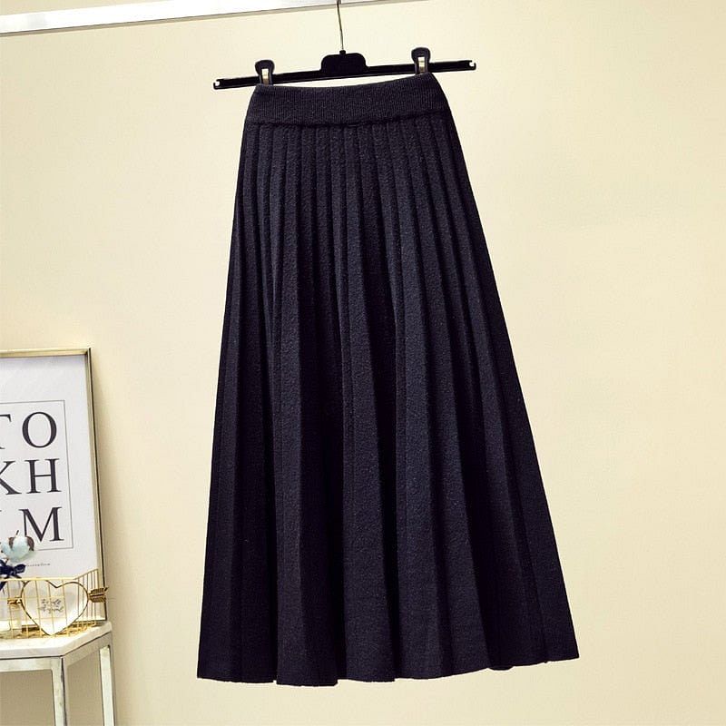 Spring Winter Women Knitted Pleated Skirt Fashion Midi Skirt Solid Color Loose High Waist Skirts Casual Female Women's Bottoms
