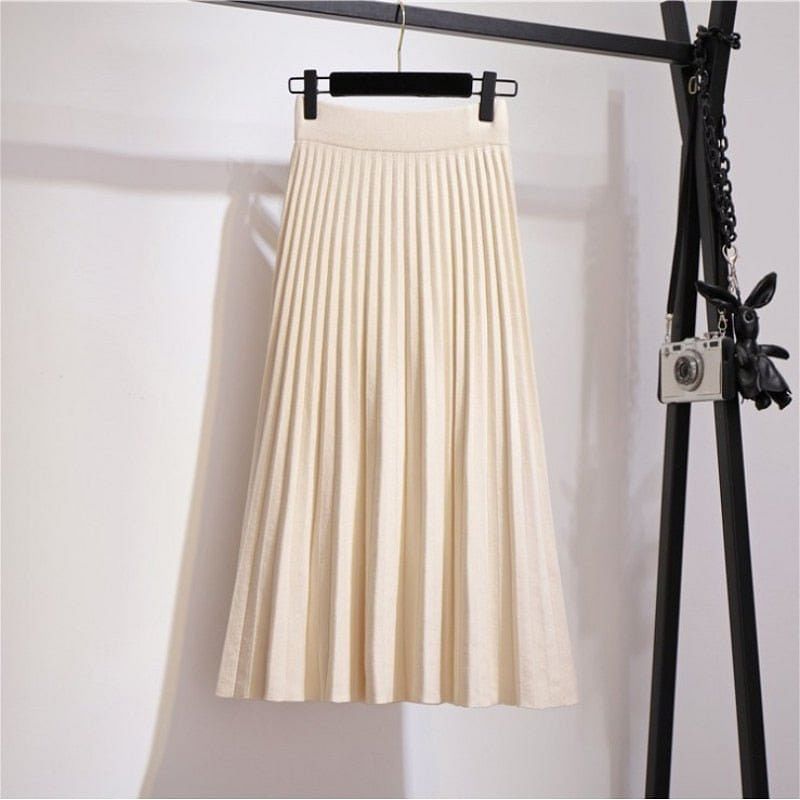 Spring Winter Women Knitted Pleated Skirt Fashion Midi Skirt Solid Color Loose High Waist Skirts Casual Female Women's Bottoms