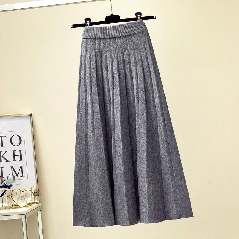 Spring Winter Women Knitted Pleated Skirt Fashion Midi Skirt Solid Color Loose High Waist Skirts Casual Female Women's Bottoms