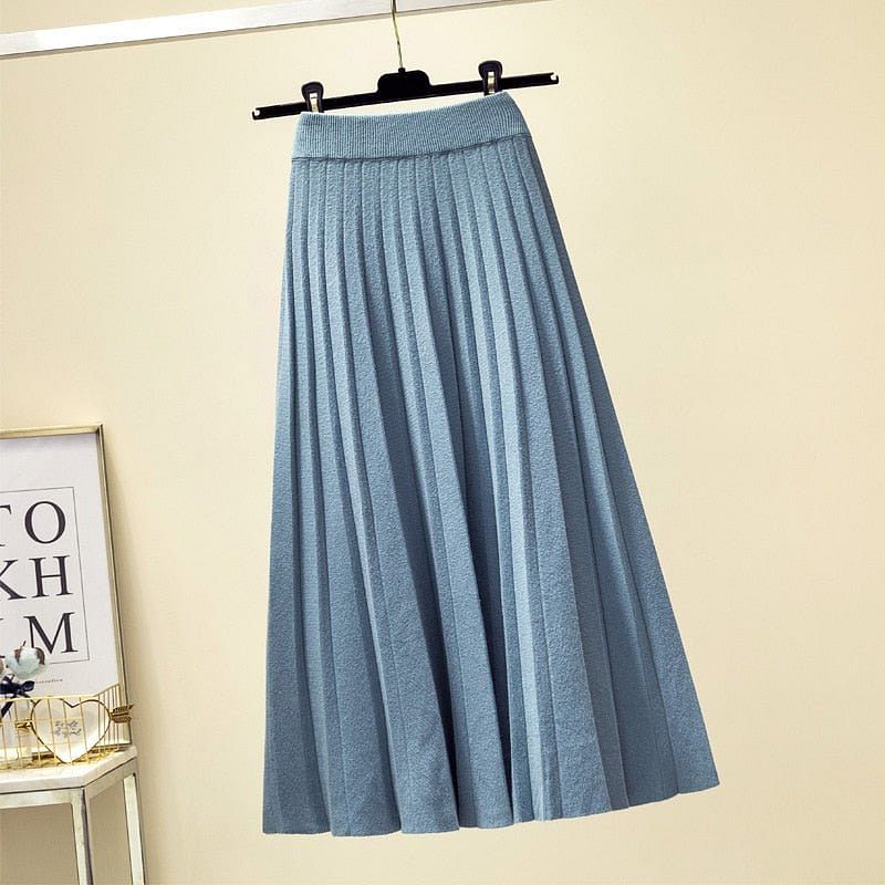 Spring Winter Women Knitted Pleated Skirt Fashion Midi Skirt Solid Color Loose High Waist Skirts Casual Female Women's Bottoms