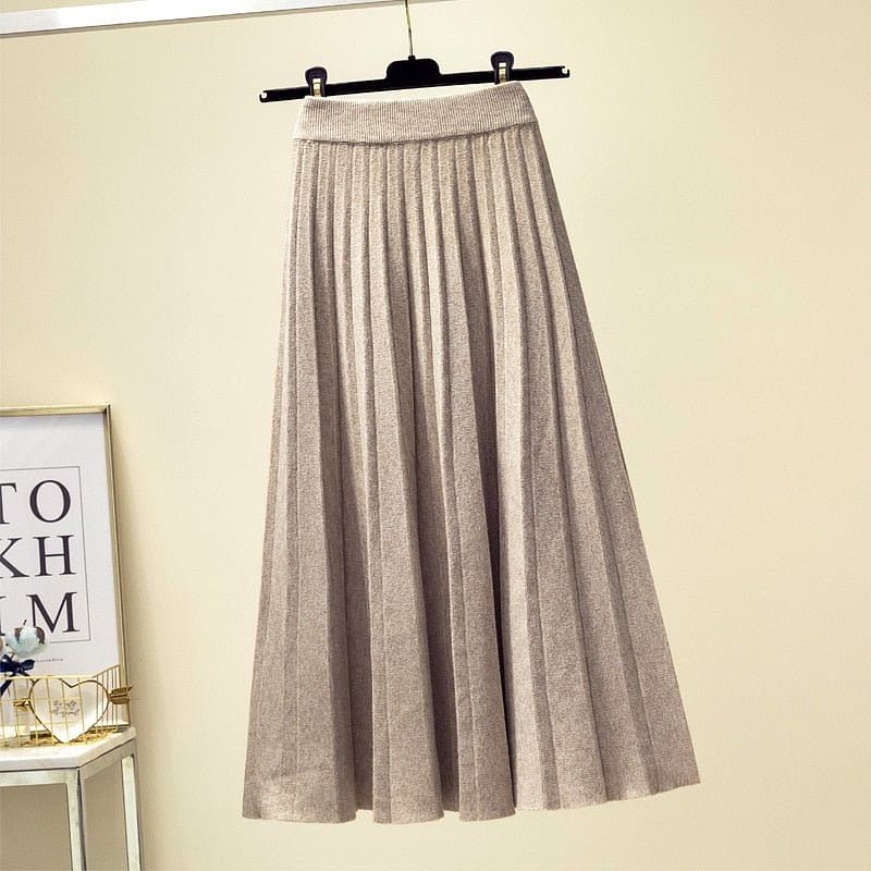 Spring Winter Women Knitted Pleated Skirt Fashion Midi Skirt Solid Color Loose High Waist Skirts Casual Female Women's Bottoms
