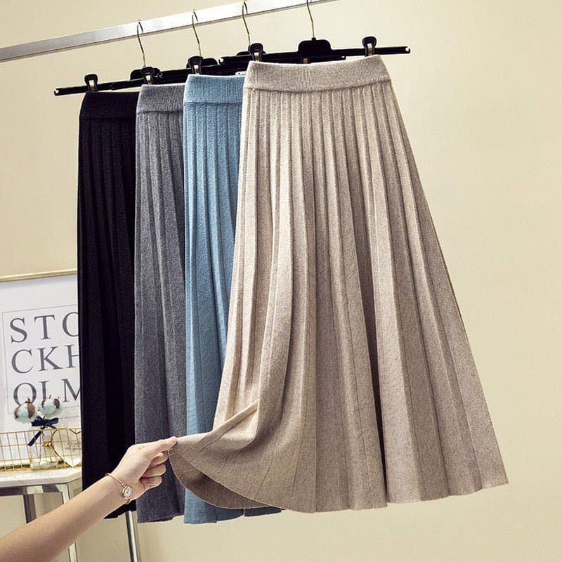 Spring Winter Women Knitted Pleated Skirt Fashion Midi Skirt Solid Color Loose High Waist Skirts Casual Female Women's Bottoms