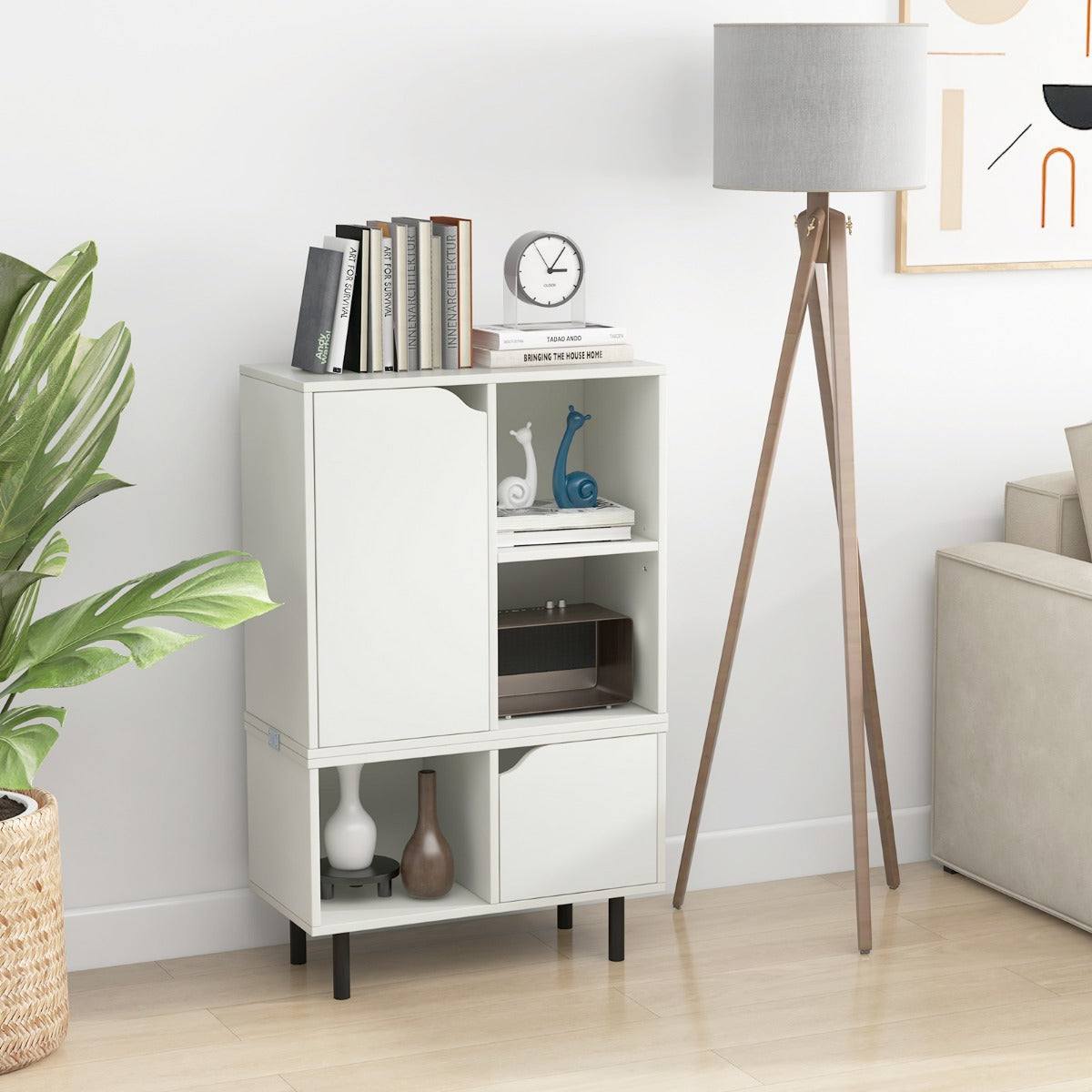 Stackable Bookcase with Adjustable Shelf and Cubes for Living Room Bedroom-White