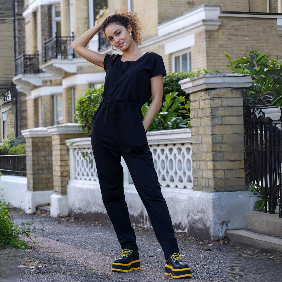 Breastfeeding Jumpsuit Black – Classic Cotton Nursing Jumpsuit with Pockets | Sizes 6-24