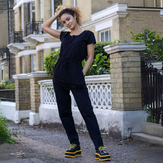 Breastfeeding Jumpsuit Black – Classic Cotton Nursing Jumpsuit with Pockets | Sizes 6-24