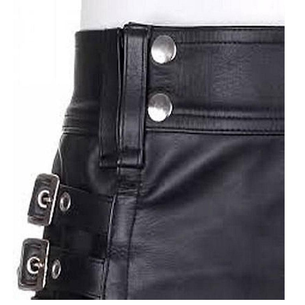 Stylish Black Leather Kilt Twin Cargo Pockets Cowhide Leather