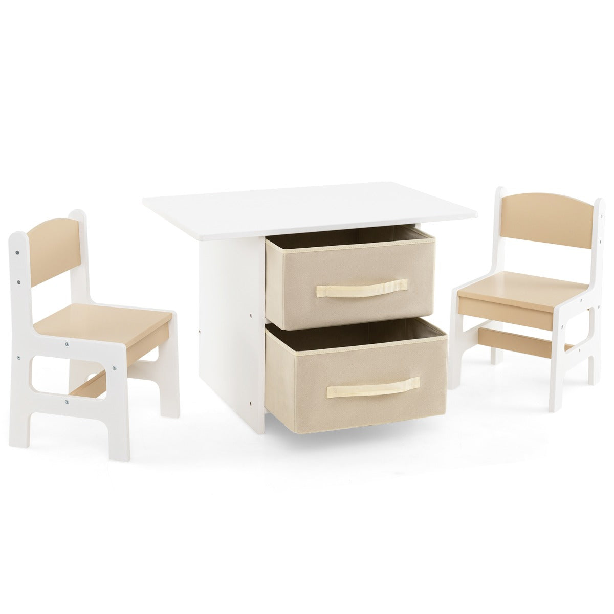 Toddler Wooden Activity Table & 2 Chairs Set with 2 Fabric Storage Bins-Beige