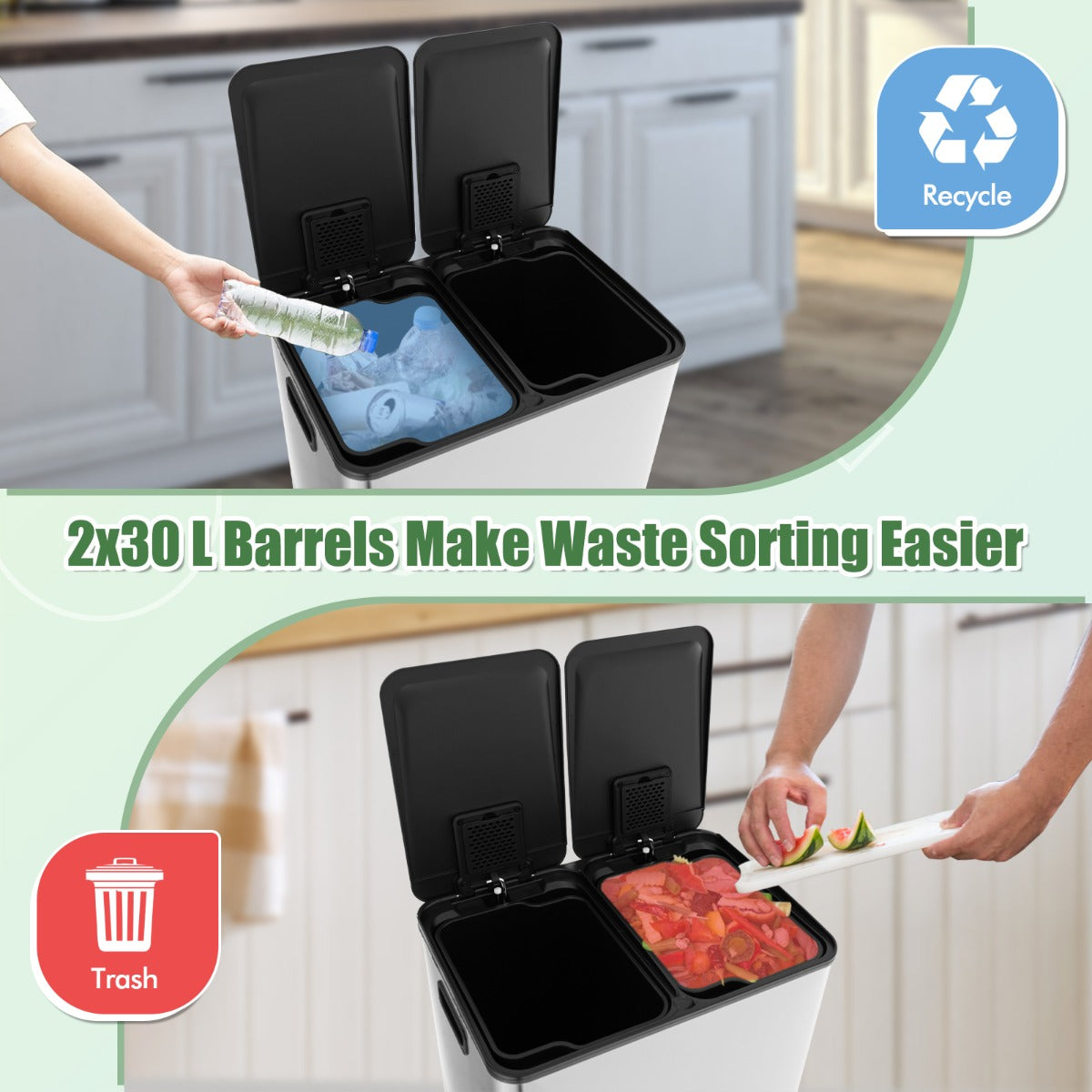 Trash Can with 2 Deodorizer Compartments and Soft Close Lids-Black