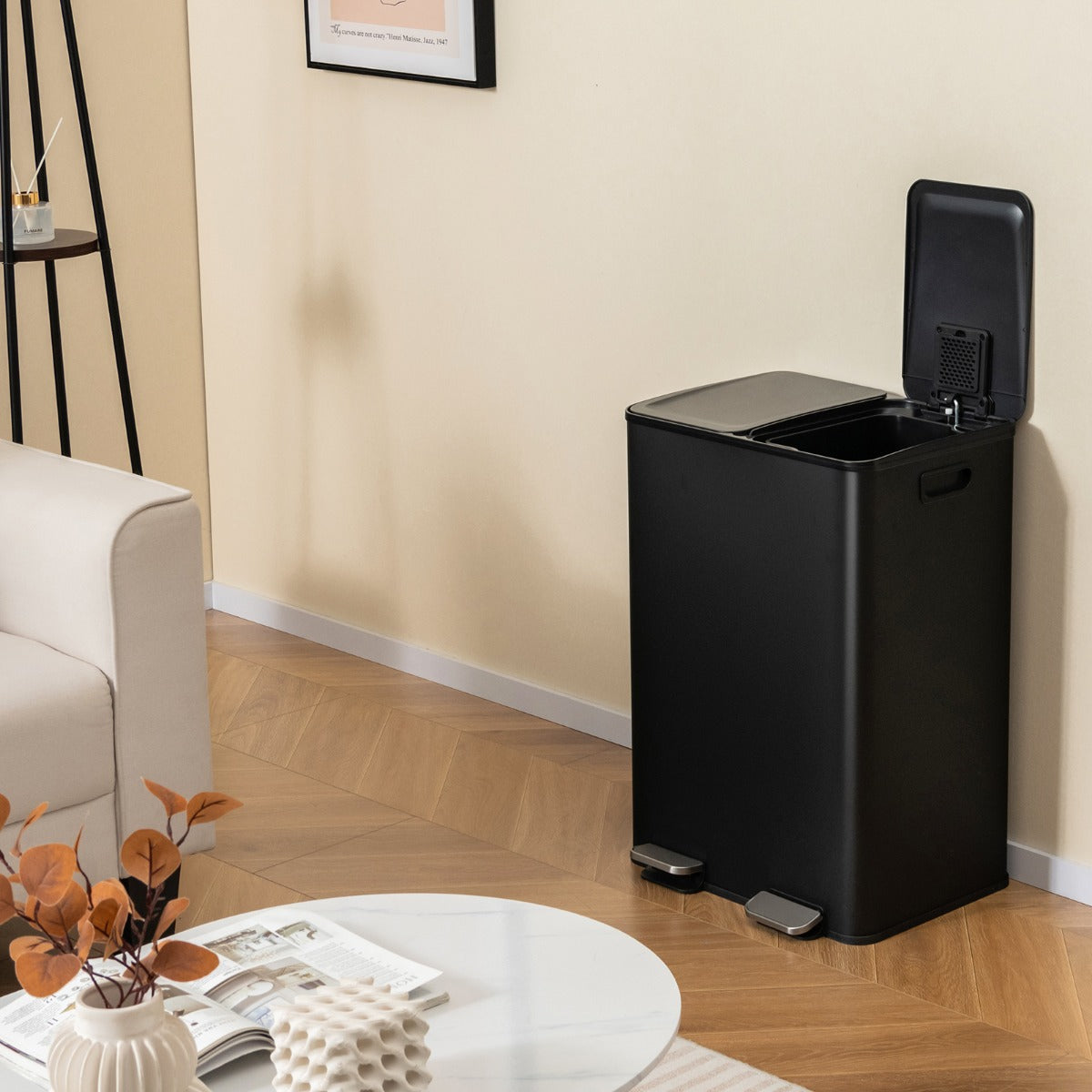 Trash Can with 2 Deodorizer Compartments and Soft Close Lids-Black