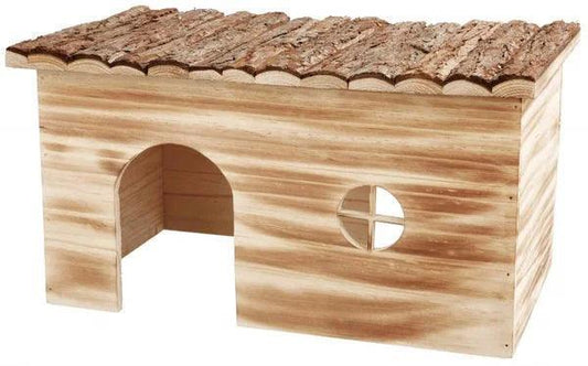 Casa de madera Trixie Grete para conejos y cobayas – Escondite de madera flameada con plataforma en el tejado
