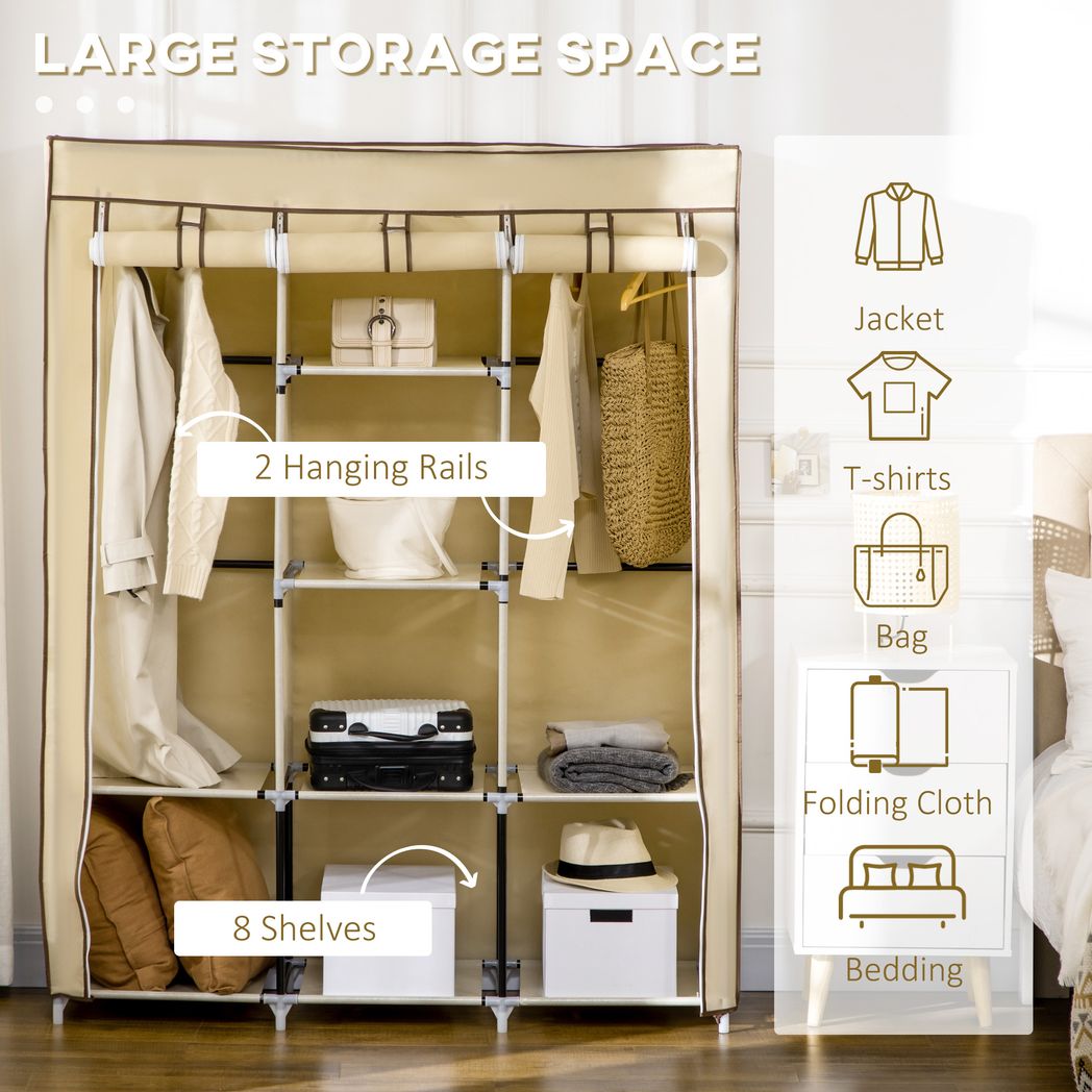 HOMCOM 8-Shelf Portable Fabric Wardrobe with 2 Hanging Rails | Beige, Grey & Black