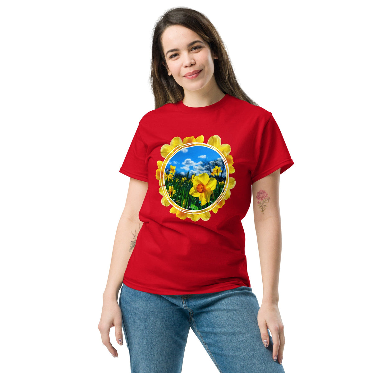 Women's Daffodil Print T-Shirt - Flower Bright Summer Shirt Trendy Fashion