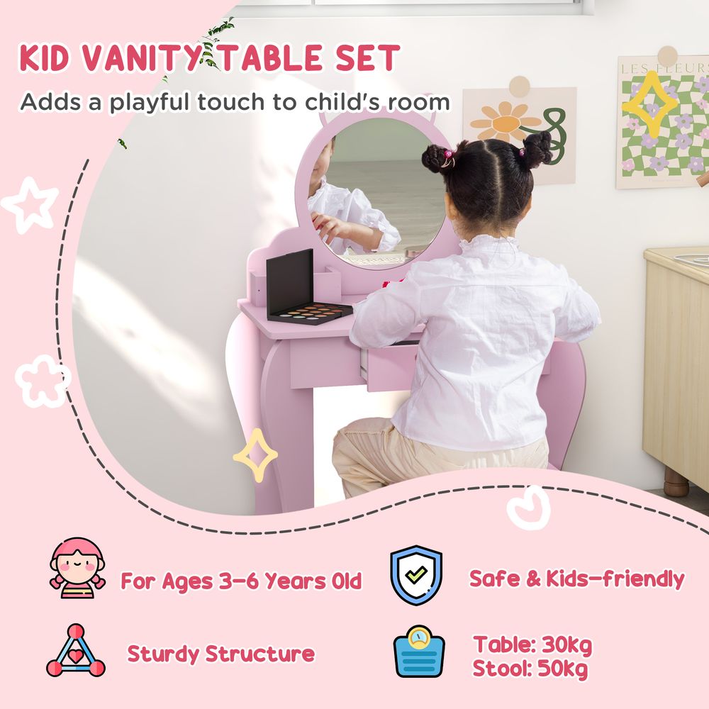 ZONEKIZ Kids Dressing Table with Mirror & Stool – Cat Design, Pink (Ages 3–6)