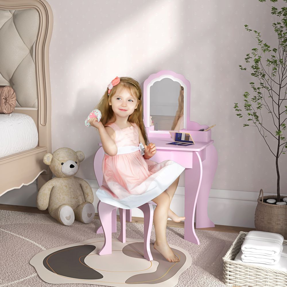 ZONEKIZ Kids Dressing Table with Mirror, Stool & Storage – Cloud Design, Pink