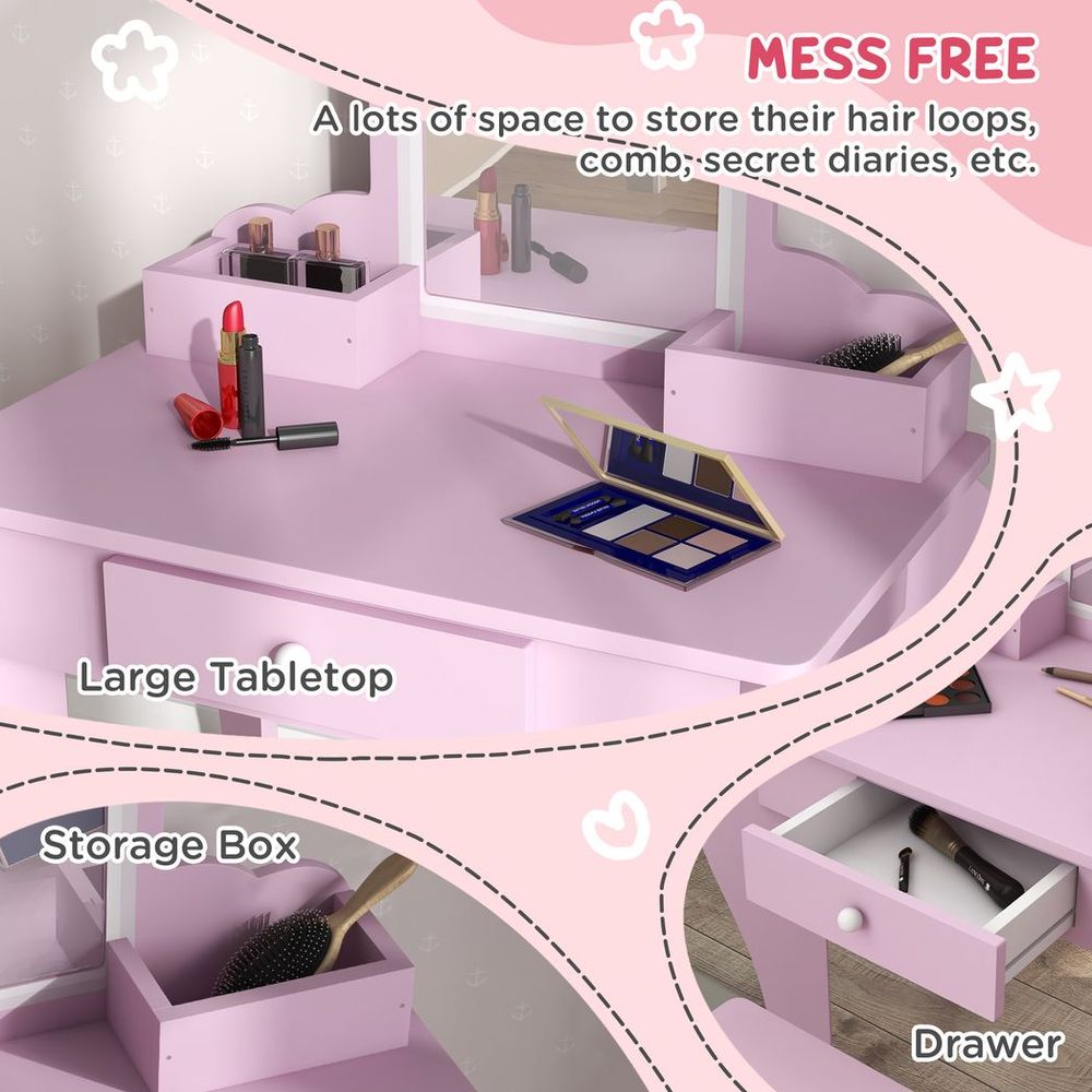 ZONEKIZ Kids Dressing Table with Mirror, Stool & Storage – Cloud Design, Pink
