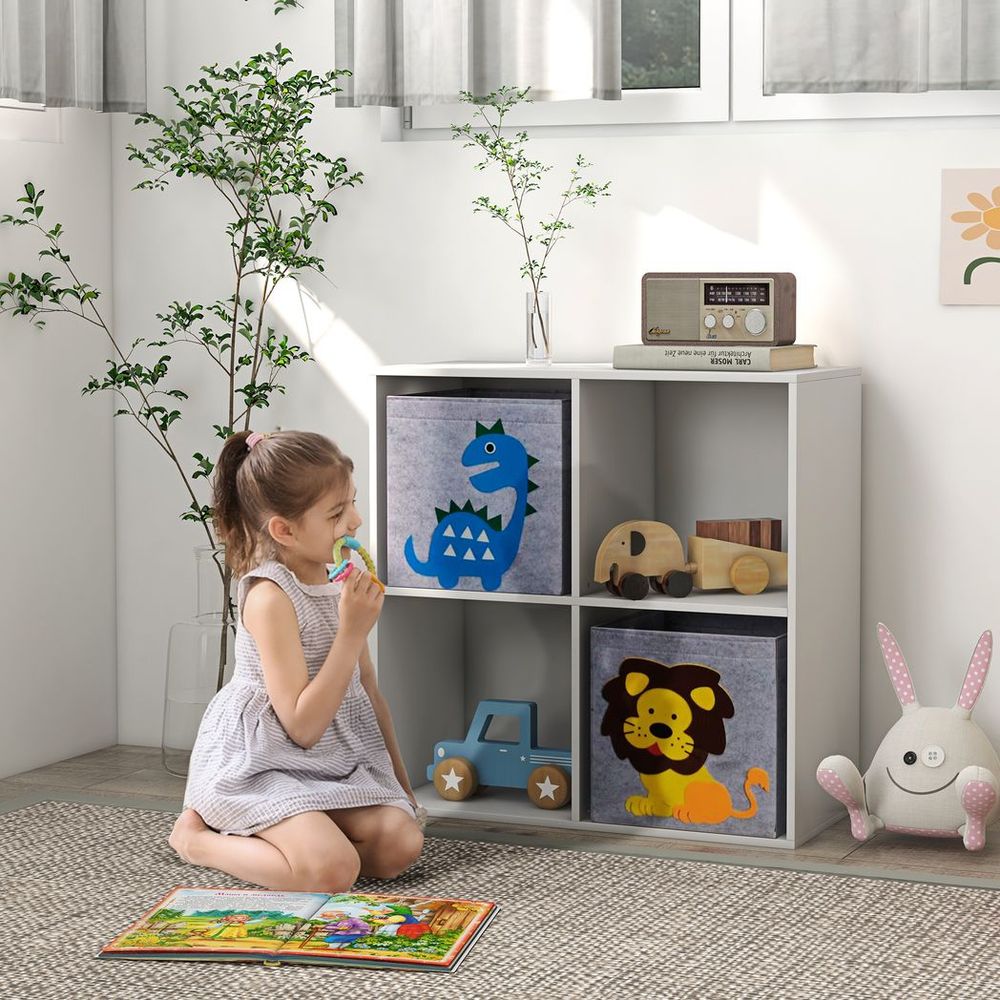 ZONEKIZ Kids Toy Organiser – 4 Cube Storage Unit with 2 Fabric Drawers | White & Grey