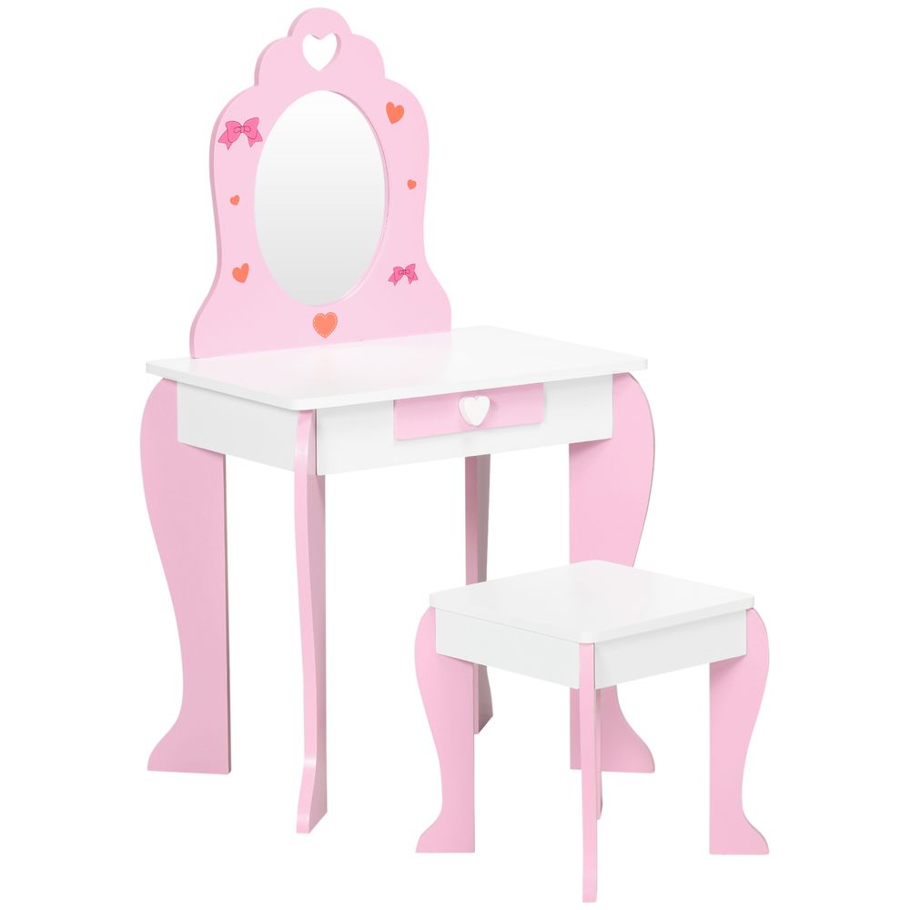 ZONEKIZ Kids Vanity Set with Mirror & Stool | Heart & Bow Pattern | Girls Dressing Table – Pink