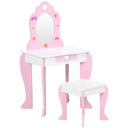 ZONEKIZ Kids Vanity Set with Mirror & Stool | Heart & Bow Pattern | Girls Dressing Table – Pink