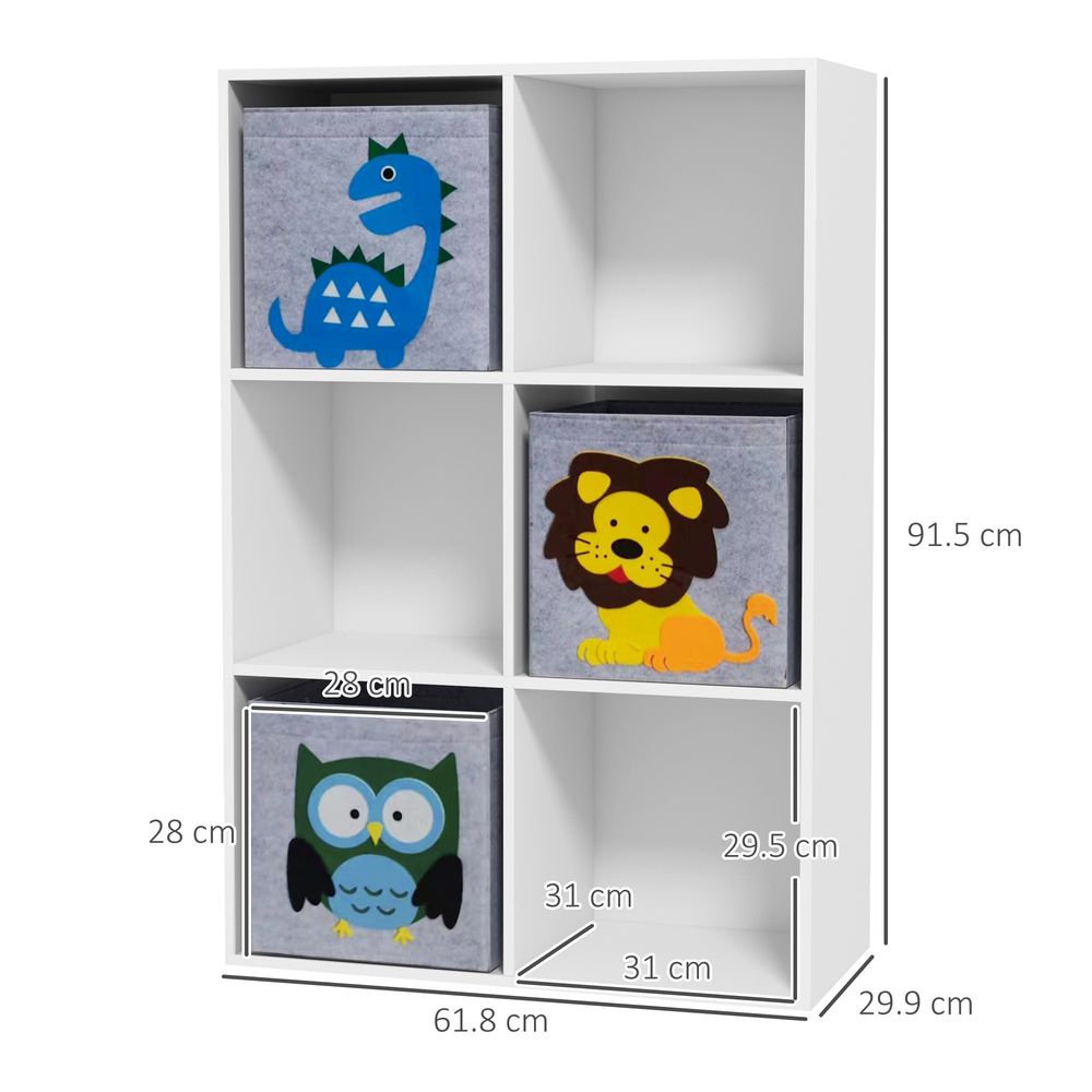 ZONEKIZ Kids Toy Organiser | 6-Cube Storage Unit with 3 Fabric Drawers | White & Grey