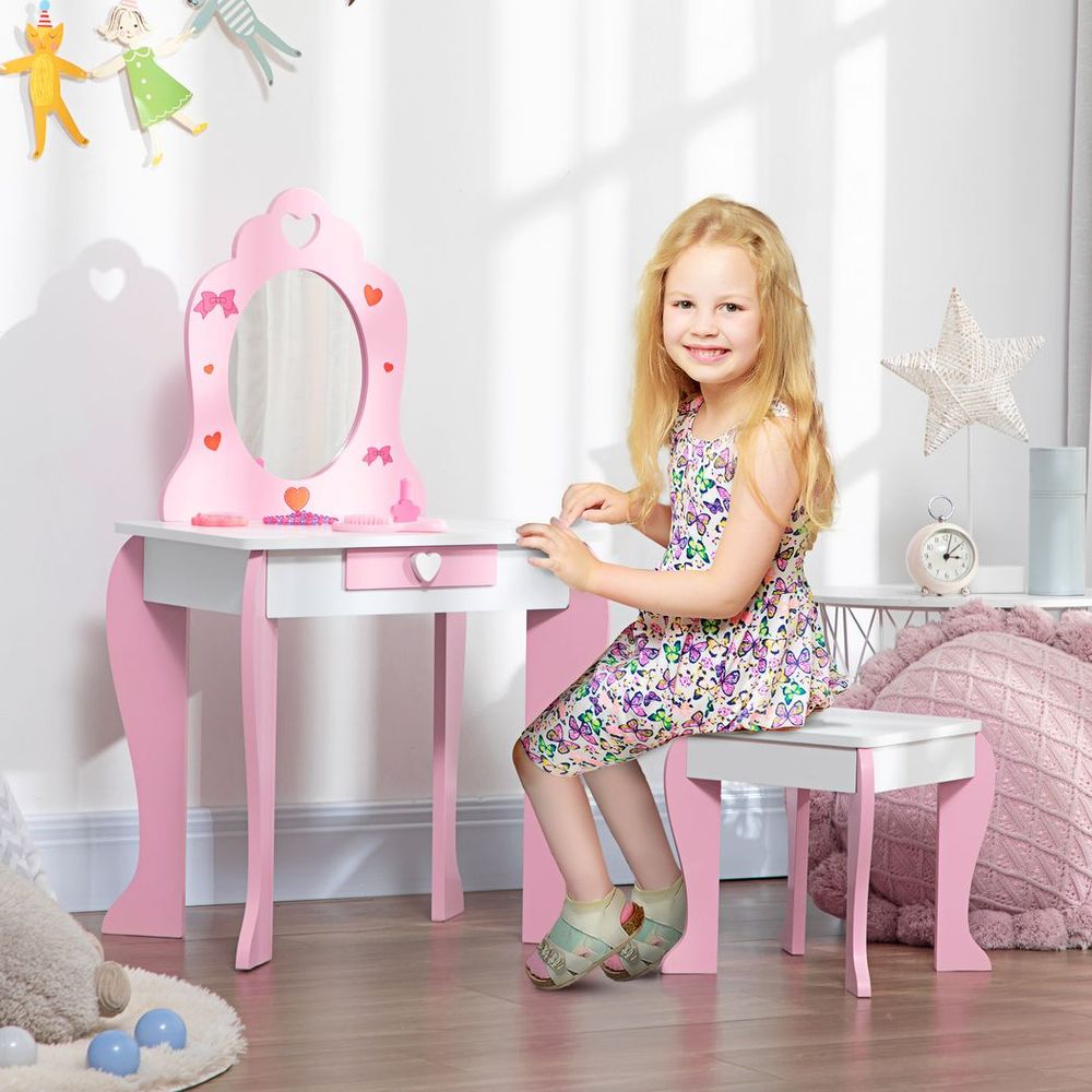 ZONEKIZ Kids Vanity Set with Mirror & Stool | Heart & Bow Pattern | Girls Dressing Table – Pink