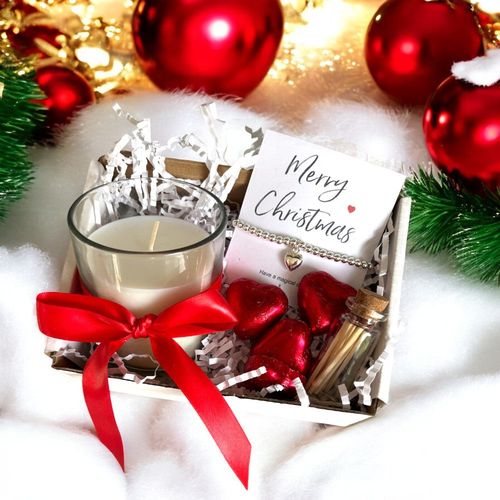 Small Merry Christmas Gift Hamper - Silver Heart Bracelet, Chocolates & Candle