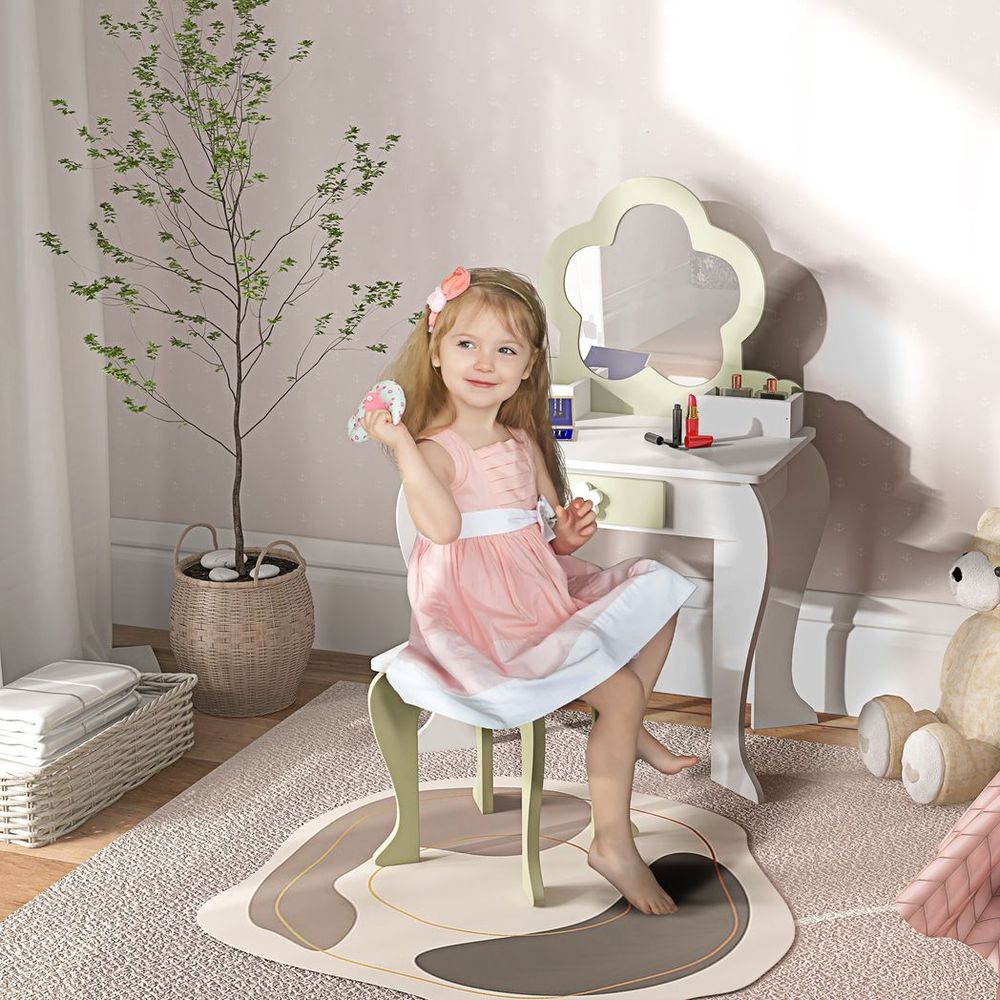 ZONEKIZ Kids Vanity Table Set with Mirror & Stool | Flower Design | Ages 3–6 | White
