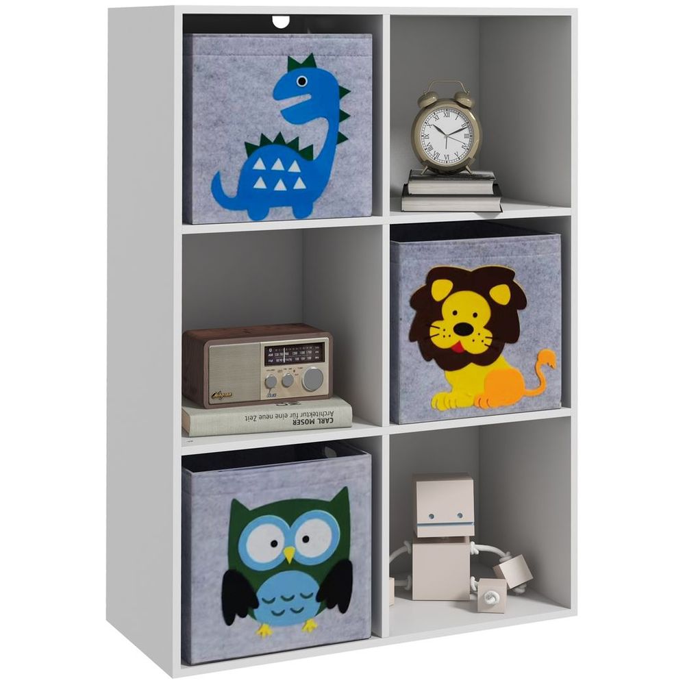 ZONEKIZ Kids Toy Organiser | 6-Cube Storage Unit with 3 Fabric Drawers | White & Grey