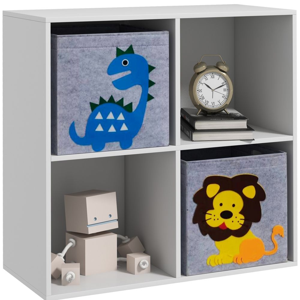 ZONEKIZ Kids Toy Organiser – 4 Cube Storage Unit with 2 Fabric Drawers | White & Grey