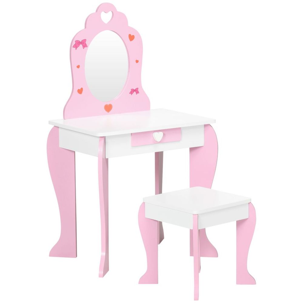ZONEKIZ Kids Vanity Set with Mirror & Stool | Heart & Bow Pattern | Girls Dressing Table – Pink
