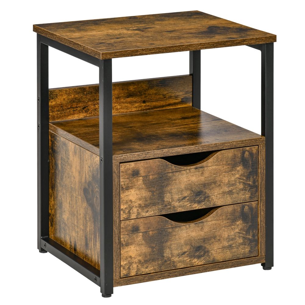HOMCOM Industrial Side Table with Drawer | Bedside Cabinet with Storage Shelf & Open Shelf | Rustic Brown
