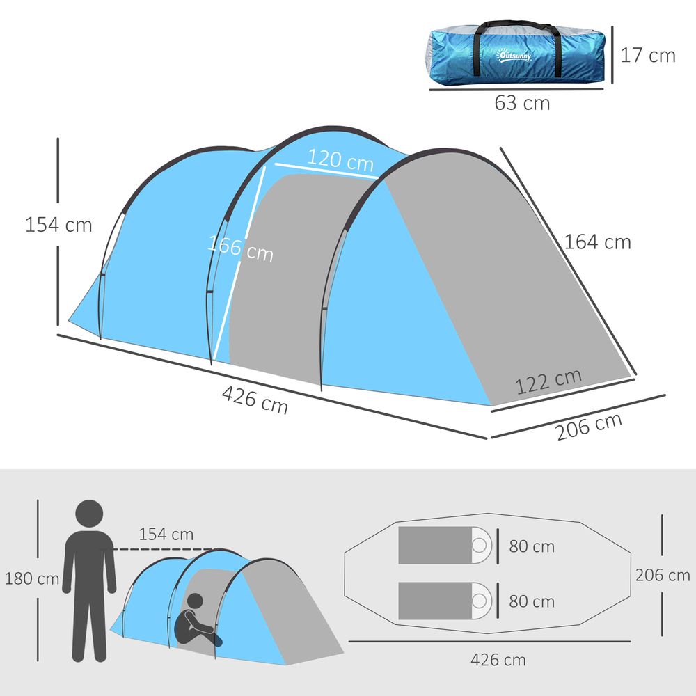 Outsunny 3-Man Camping Tent | 2 Rooms, Porch, Rainfly & Vents | Weather-Resistant