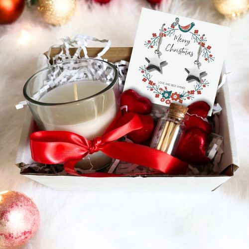 Small Merry Christmas Star Gift Hamper - Silver Star Drop Earrings, Chocolates & Candle
