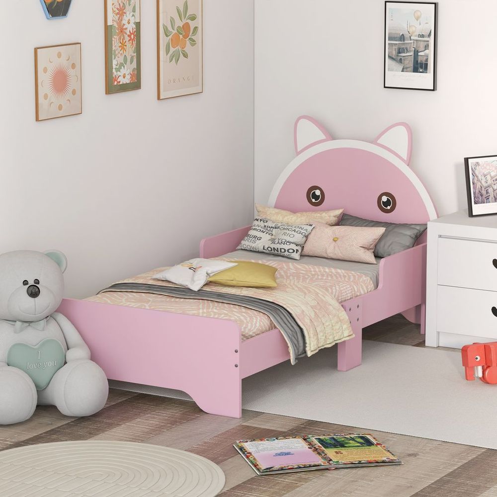 ZONEKIZ Toddler Bed Frame with Cat Design & Guardrails | Pink | 3–6 Years
