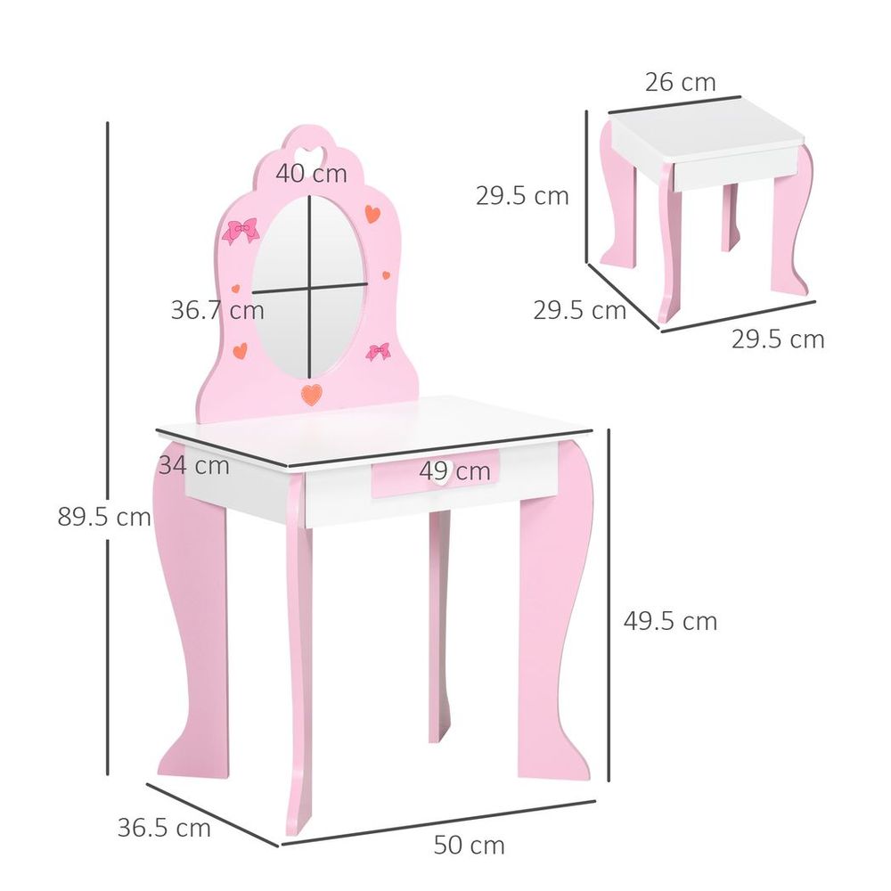 ZONEKIZ Kids Vanity Set with Mirror & Stool | Heart & Bow Pattern | Girls Dressing Table – Pink