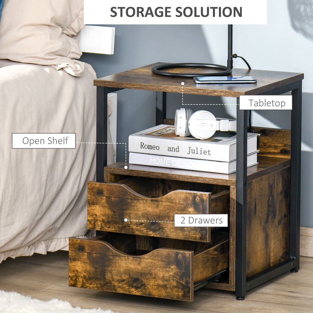 HOMCOM Industrial Side Table with Drawer | Bedside Cabinet with Storage Shelf & Open Shelf | Rustic Brown