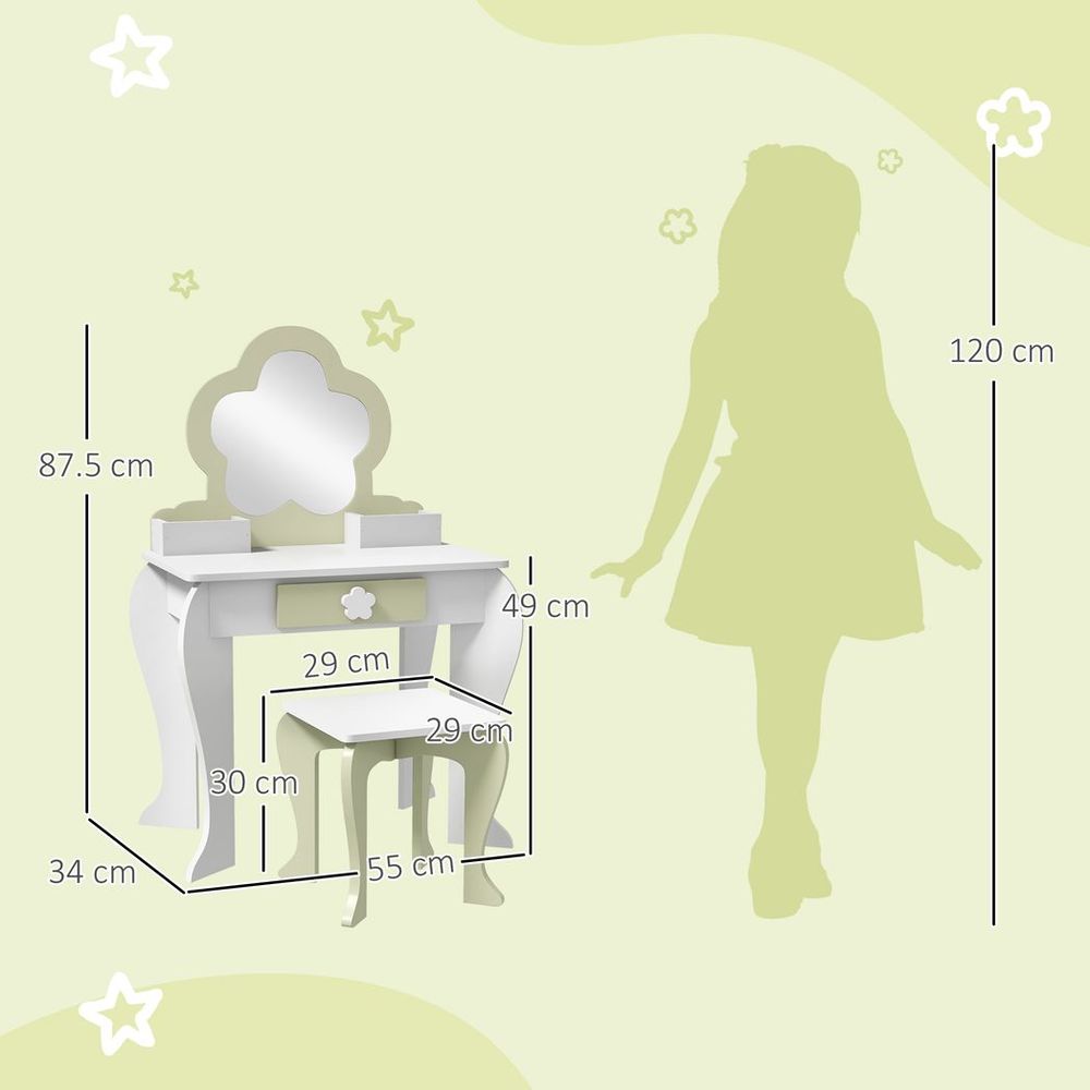 ZONEKIZ Kids Vanity Table Set with Mirror & Stool | Flower Design | Ages 3–6 | White