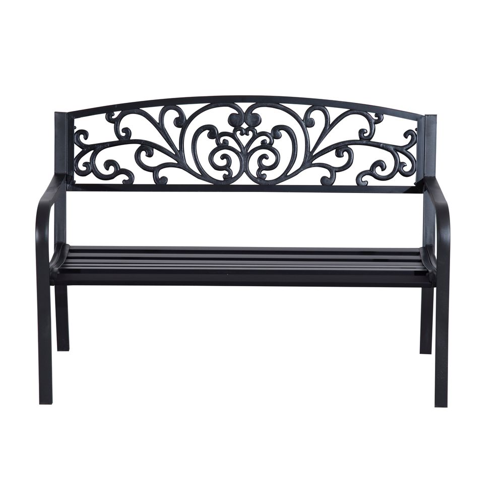 2-Seater Steel Garden Bench | Powder-Coated Black | Floral Backrest
