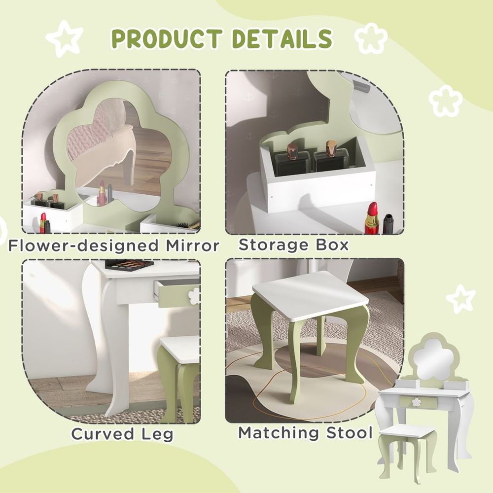 ZONEKIZ Kids Vanity Table Set with Mirror & Stool | Flower Design | Ages 3–6 | White