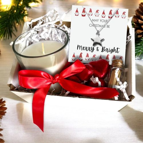 Small Merry & Bright Christmas Gift Hamper - Silver Star Necklace, Chocolates & Candle