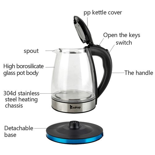 ZOKOP HD-1861-A 1.8L Electric Glass Kettle with LED Lights | 2000W | UK Plug